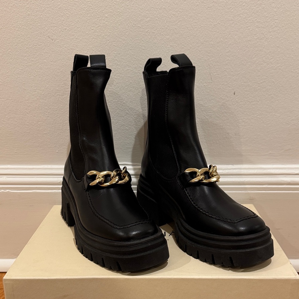 Black Leather Badia Boots with Gold Chain Accent